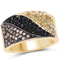 14K Yellow Gold Plated 1.25 Carat Genuine Black Diamond, Champagne Diamond & Yellow Diamond .925 Sterling Silver Ring
