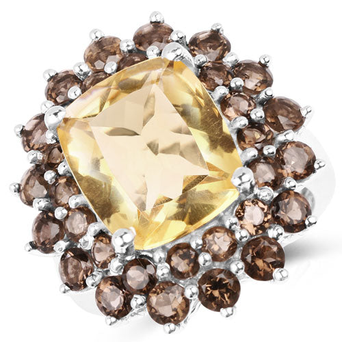 8.95 Carat Genuine Citrine and Smoky Quartz .925 Sterling Silver Ring