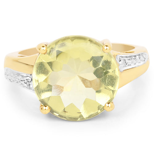 14K Yellow Gold Plated 9.26 Carat Genuine Lemon Topaz Buff Top and White Diamond Brass Ring