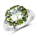 3.49 Carat Genuine Green Amethyst, Chrome Diopside & White Topaz .925 Sterling Silver Ring