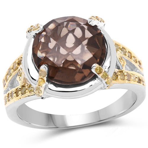 3.28 Carat Genuine Smoky Quartz and Yellow Diamond .925 Sterling Silver Ring