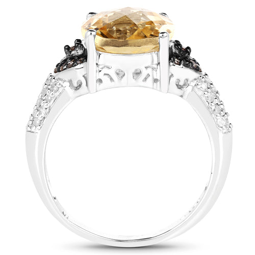 4.65 Carat Genuine Citrine, Champagne Diamond & White Diamond .925 Sterling Silver Ring