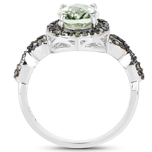 2.09 Carat Genuine Green Amethyst & Green Diamond .925 Sterling Silver Ring