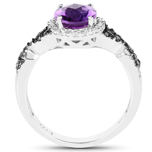 1.64 Carat Genuine Amethyst, Black Diamond & White Diamond .925 Sterling Silver Ring