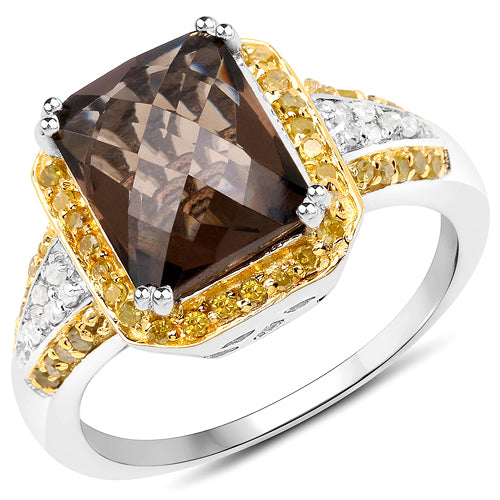 3.48 Carat Genuine Smoky Quartz, Yellow Diamond and White Diamond .925 Sterling Silver Ring