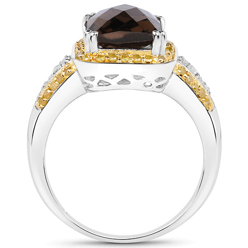 3.48 Carat Genuine Smoky Quartz, Yellow Diamond and White Diamond .925 Sterling Silver Ring
