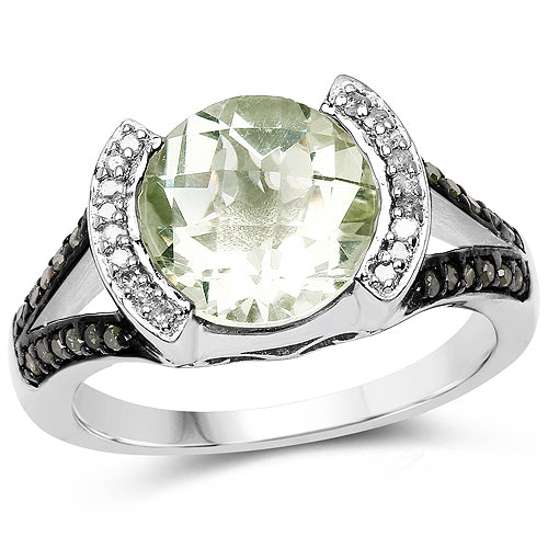 3.59 Carat Genuine Green Amethyst, Green Diamond & White Diamond .925 Sterling Silver Ring