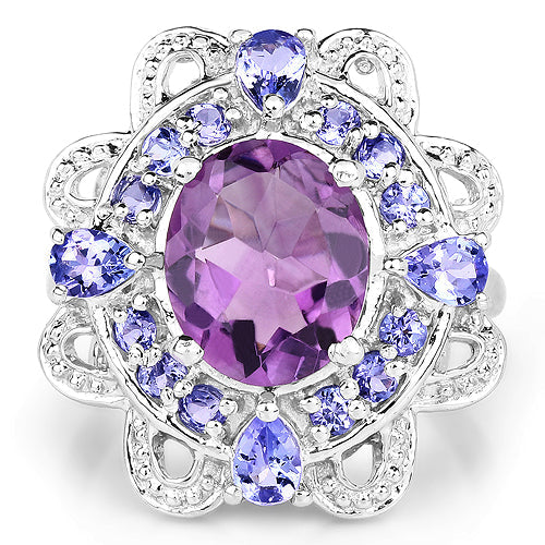 3.13 Carat Genuine Amethyst and Tanzanite .925 Sterling Silver Ring
