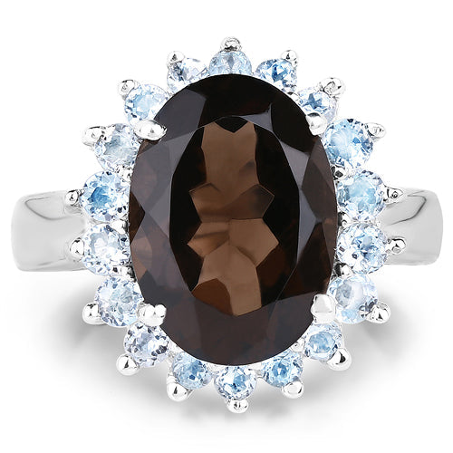 6.79 Carat Genuine Smoky Quartz & Blue Topaz .925 Sterling Silver Ring