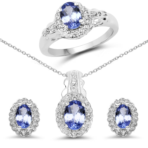 2.46 Carat Genuine Tanzanite and White Topaz .925 Sterling Silver 3 Piece Jewelry Set (Ring, Earrings, and Pendant w/ Chain)