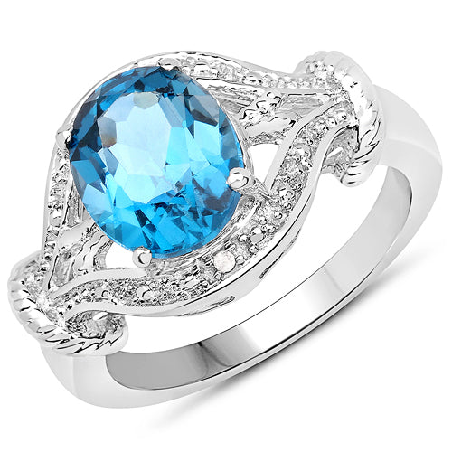 3.26 Carat Genuine London Blue Topaz & White Diamond .925 Sterling Silver Ring