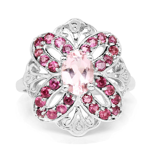 1.82 Carat Genuine Morganite & Rhodolite .925 Sterling Silver Ring