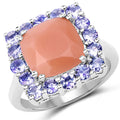 6.70 Carat Genuine Peach Moonstone and Tanzanite .925 Sterling Silver Ring