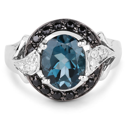 4.27 Carat Genuine London Blue Topaz, Black Spinel & White Topaz .925 Sterling Silver Ring
