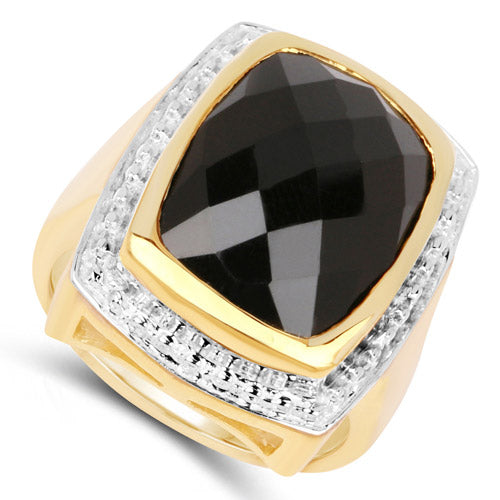 14K Yellow Gold Plated 11.00 Carat Genuine Black Onyx .925 Sterling Silver Ring