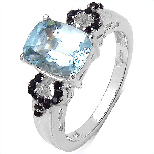 1.92 Carat Genuine Aquamarine & Black Spinel .925 Sterling Silver Ring