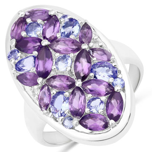 3.13 Carat Genuine Amethyst, Tanzanite and White Topaz .925 Sterling Silver Ring