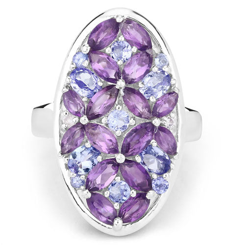 3.13 Carat Genuine Amethyst, Tanzanite and White Topaz .925 Sterling Silver Ring