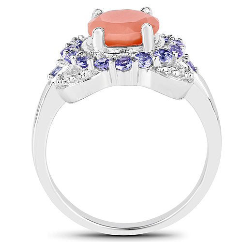2.87 Carat Genuine Peach Moonstone and Tanzanite .925 Sterling Silver Ring