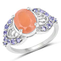 3.06 Carat Genuine Peach Moonstone and Tanzanite .925 Sterling Silver Ring