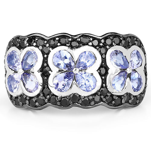 14K Yellow Gold Plated 2.60 Carat Genuine Tanzanite and Black Spinel .925 Sterling Silver Ring