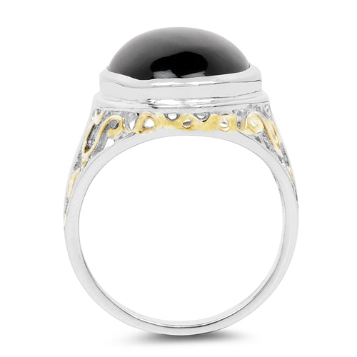 Two Tone Plated 10.92 Carat Genuine Black Onyx .925 Sterling Silver Ring