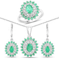 6.53 Carat Genuine Zambian Emerald and White Topaz .925 Sterling Silver 3 Piece Jewelry Set (Ring, Earrings, and Pendant w/ Chain)