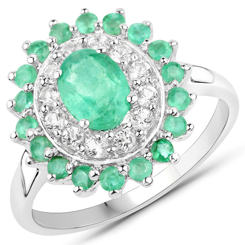 6.53 Carat Genuine Zambian Emerald and White Topaz .925 Sterling Silver 3 Piece Jewelry Set (Ring, Earrings, and Pendant w/ Chain)