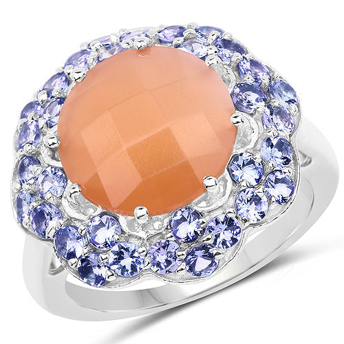 7.20 Carat Genuine Peach Moonstone and Tanzanite .925 Sterling Silver Ring