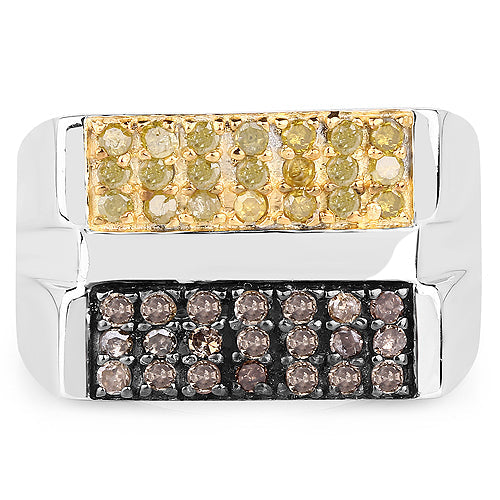 0.63 Carat Genuine Champagne Diamond and Yellow Diamond .925 Sterling Silver Ring