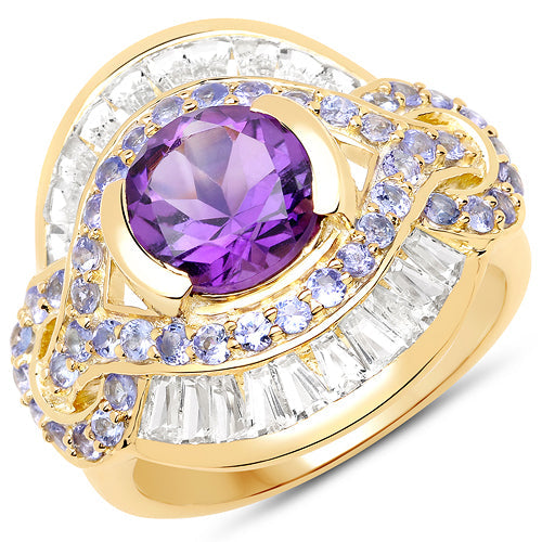 14K Yellow Gold Plated 3.93 Carat Genuine Amethyst, Tanzanite and White Topaz .925 Sterling Silver Ring