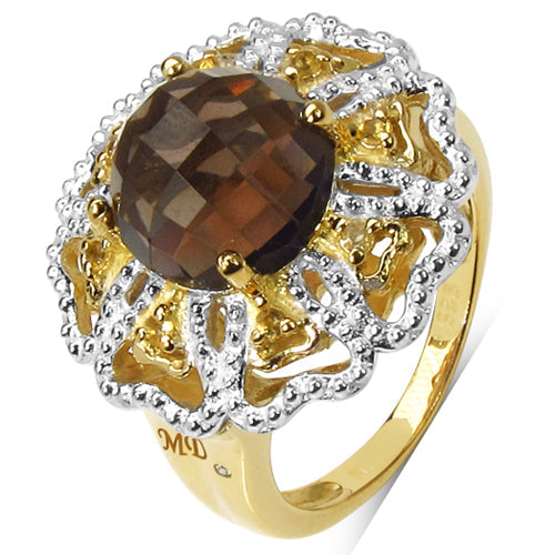 14K Yellow Gold Plated 3.23 Carat Genuine Smoky Quartz, Citrine & White Diamond .925 Sterling Silver Ring