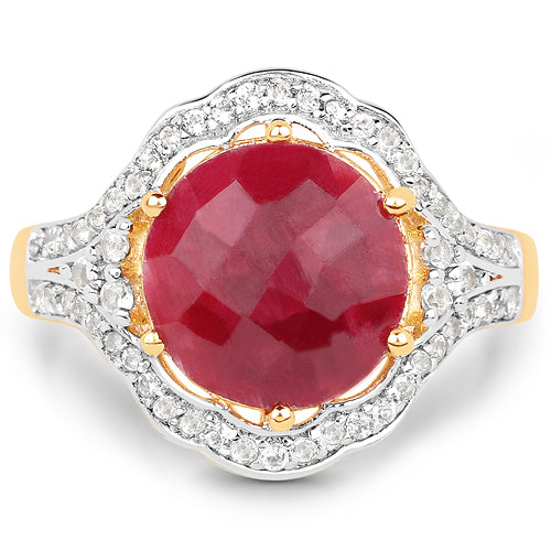 14K Yellow Gold Plated 6.91 Carat Dyed Ruby and White Topaz .925 Sterling Silver Ring
