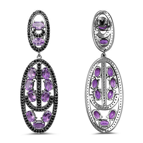 12.45 Carat Genuine Amethyst and Black Spinel .925 Sterling Silver Earrings