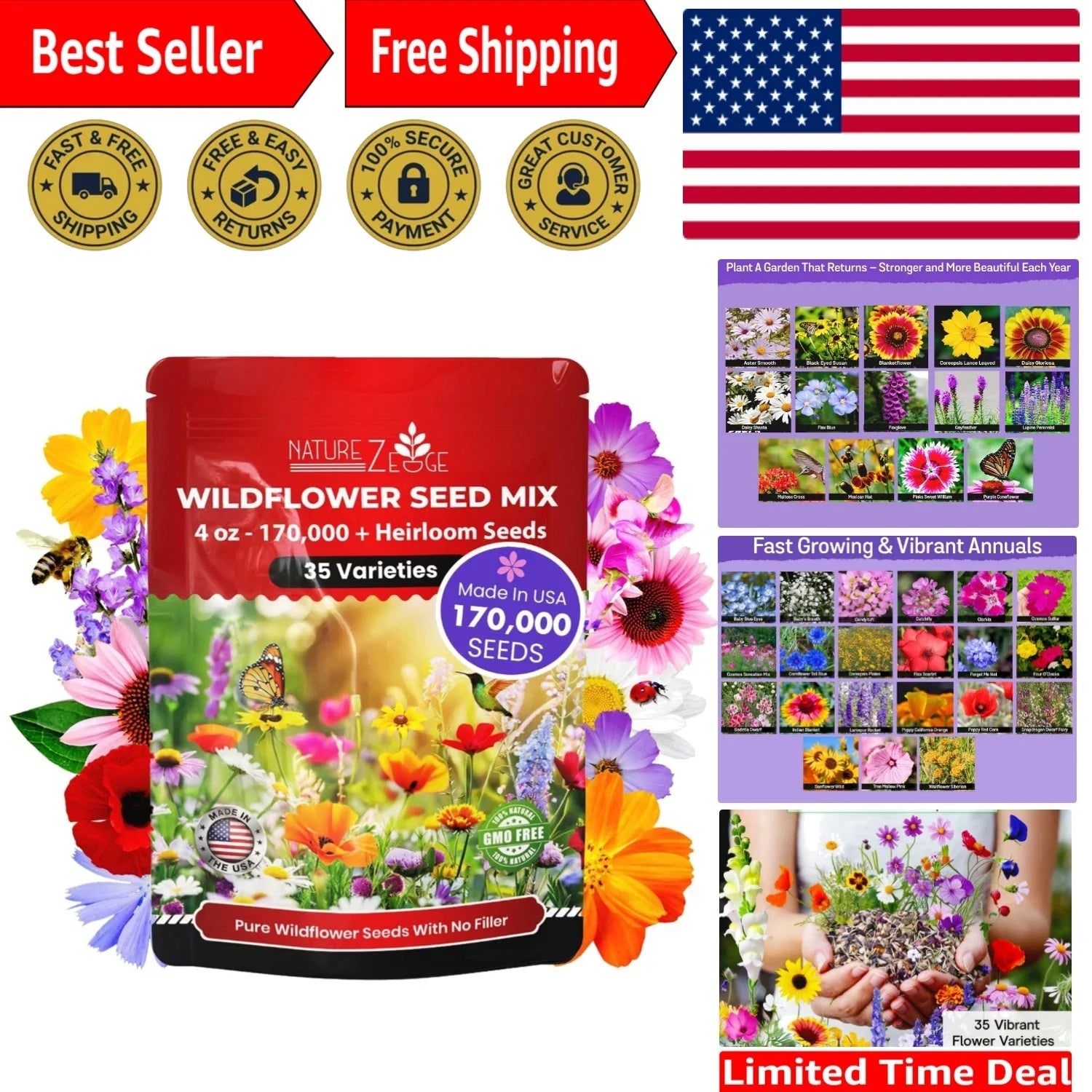 Wildflower Seed Mix – 170,000 Seeds, 35 Varieties for Vibrant Gardens, Non-GMO, Native Plant Seeds
