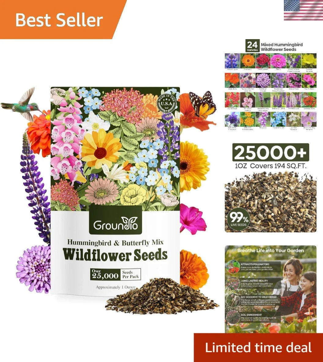 Wildflower Seeds 1 Ounce Hummingbird & Butterfly Mix 24 Varieties (Native Wildflowers)