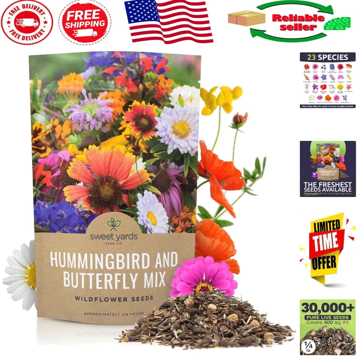 Wildflower Seeds - 30,000 Open-Pollinated Butterfly & Hummingbird Garden Mix - Native Plants for Pollinators
