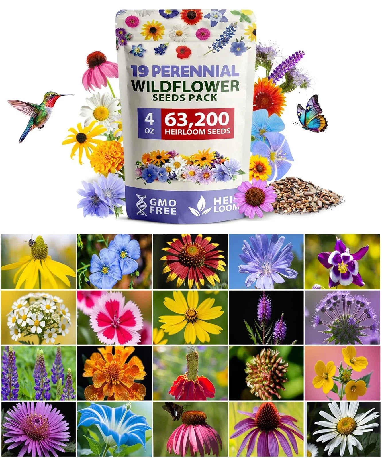 Premium Wildflower Seed Mix - 63,200+ Seeds, 19 Varieties, Attract Bees & Birds, Native Flower Seeds for Pollinators