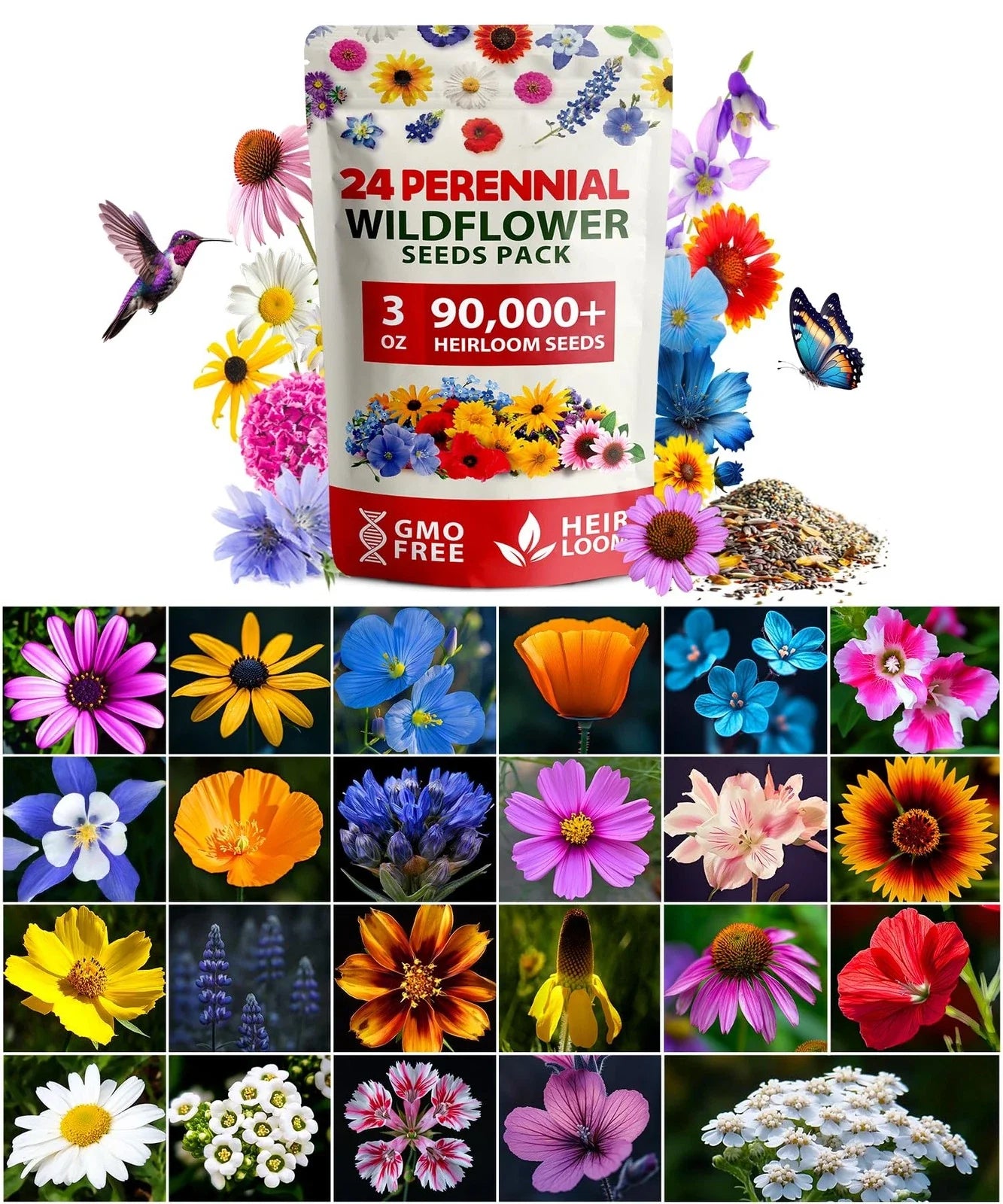 Wildflower Seeds 3oz, Non-GMO, Home Grown Mix, USA-Sourced, 90,000+ Seeds, Native Flora