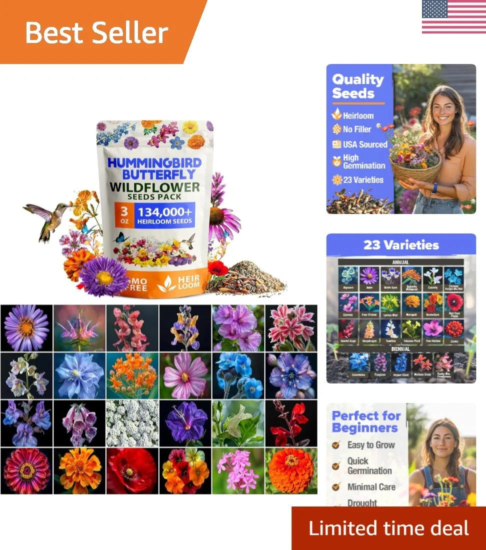 Non-GMO Wildflower Seed Mix 3oz - 23 Varieties for Vibrant Pollinator Gardens - Perfect for Bees and Butterflies