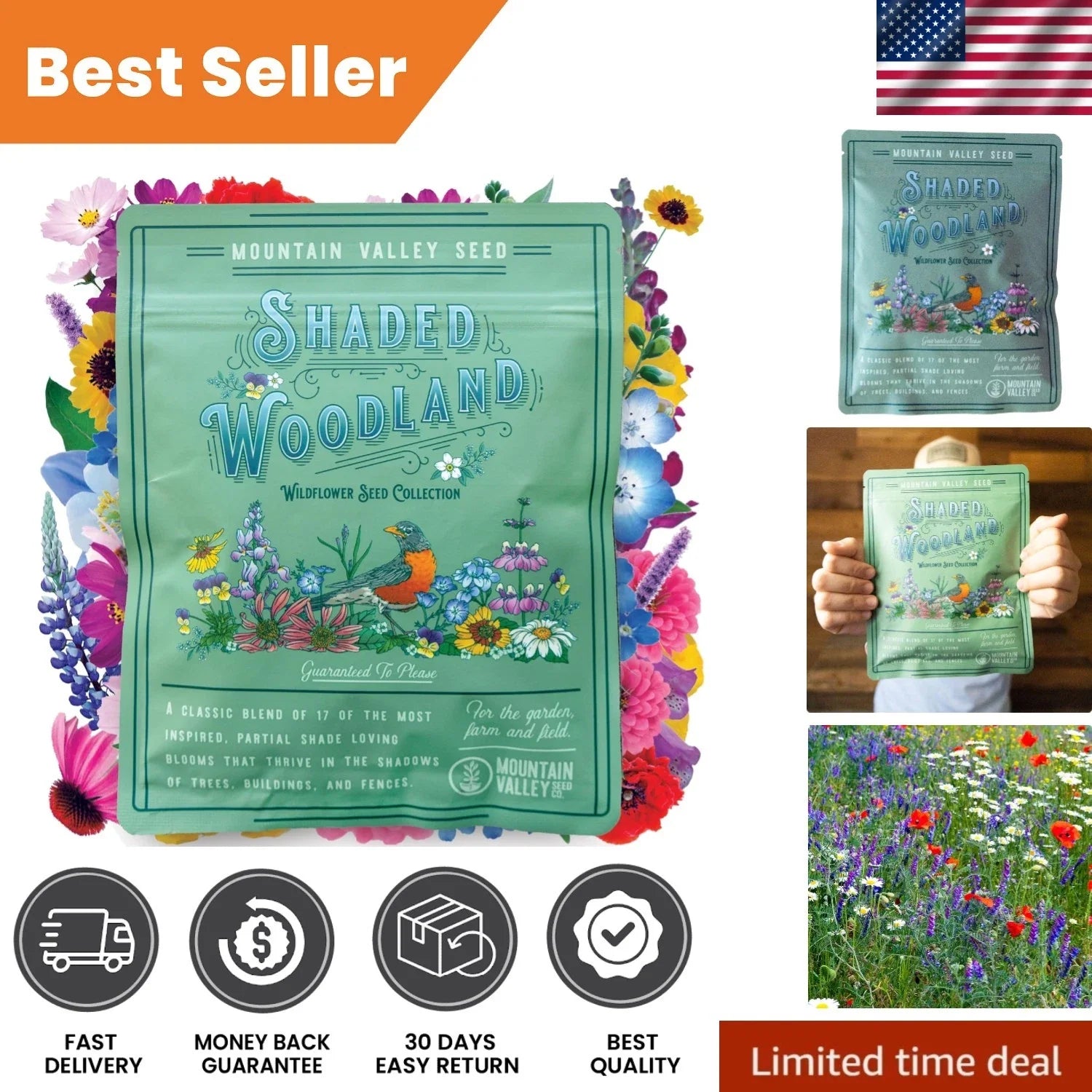 Wildflower Seed Mix 3 Oz - 19 Non-GMO Varieties for Shade & Pollinators - Perfect for Natural Gardens