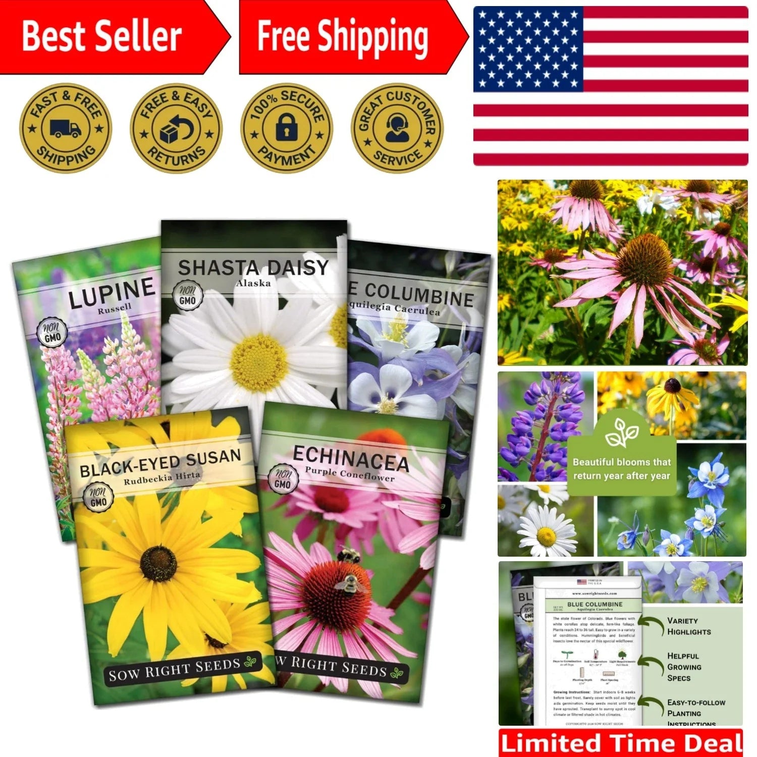 Flower Seed Collection - 5 Non-GMO Perennial Varieties for Endless Blooms - Ideal for Gardens and Landscapes