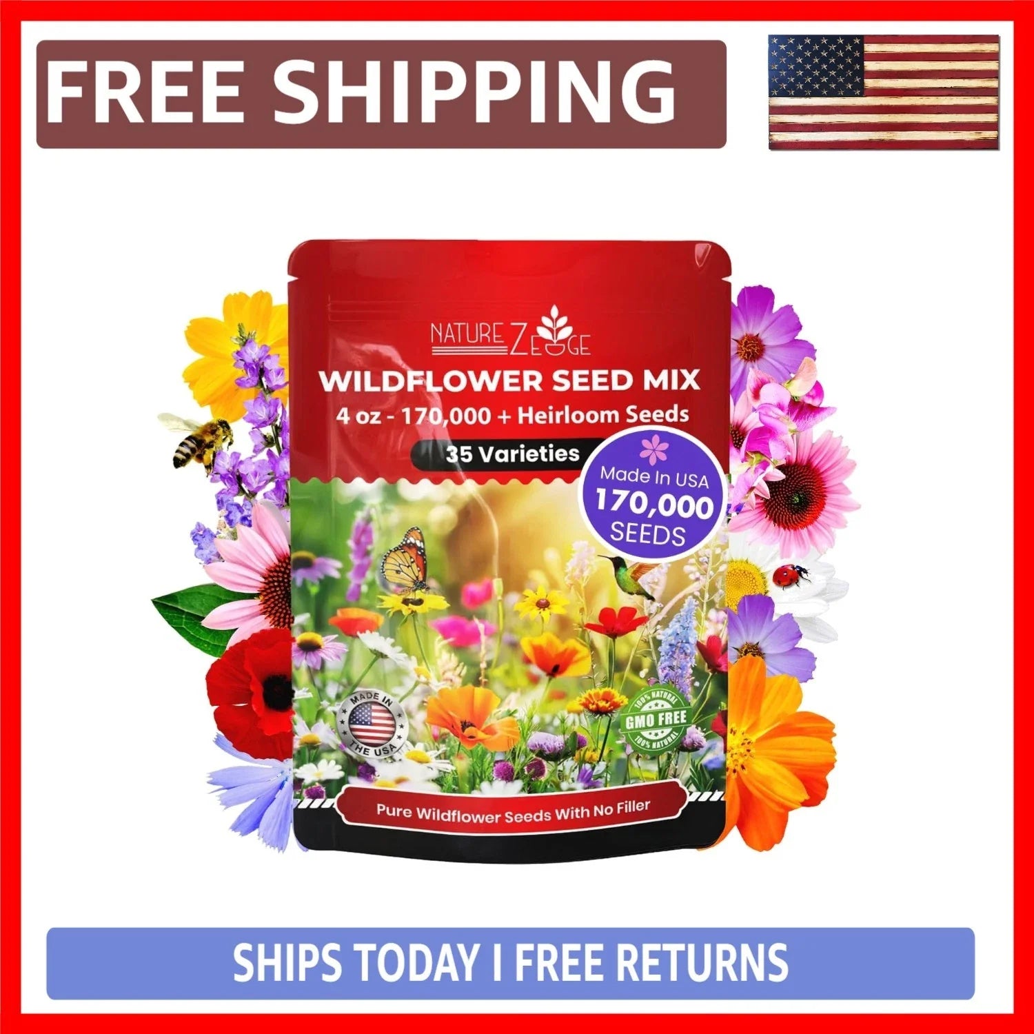 Wildflower Seeds Mix - 1/4 lb of 35 Non-GMO Varieties for Vibrant Gardens - Ideal for Pollinators and Eco-Friendly Spaces