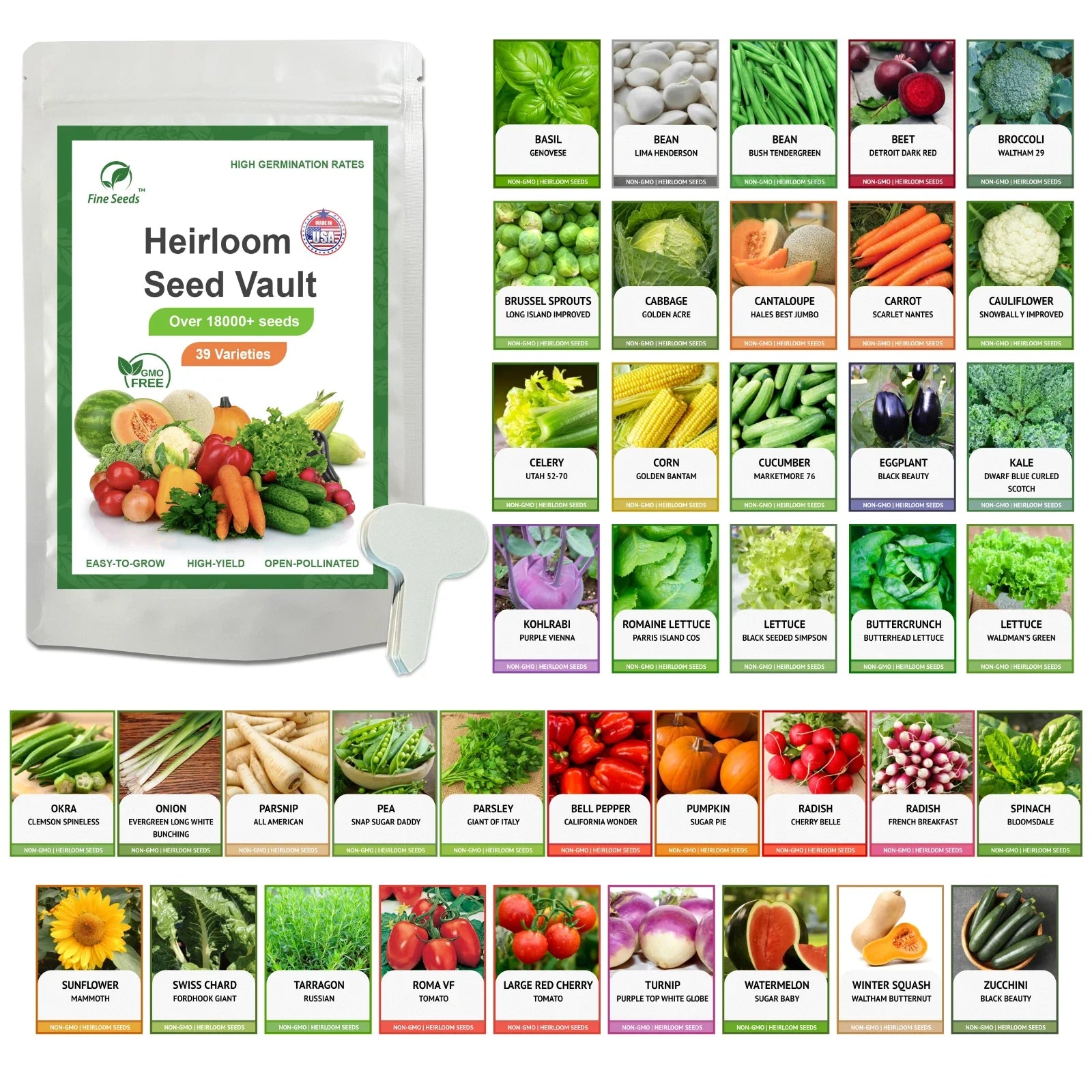 Heirloom Vegetable Seeds Survival Garden Kit - 39 Varieties, Over 18,000 Seeds, Non-GMO, Organic Gardening Supplies