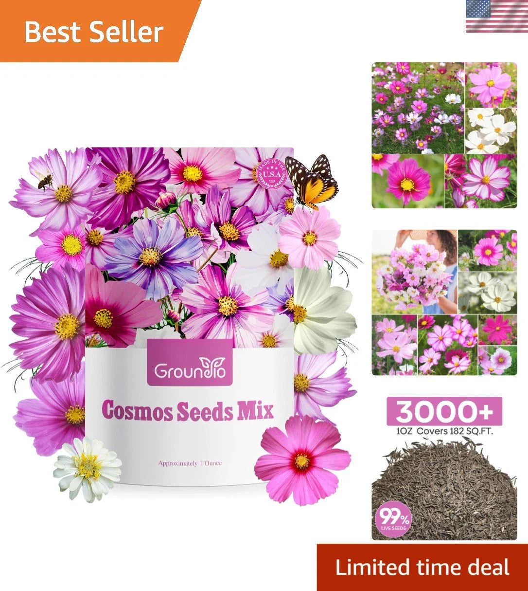 Cosmos Seeds Wildflower Mix - 1 Oz, 4 Varieties for Beautiful Gardens - Dazzling Colors, Easy to Grow