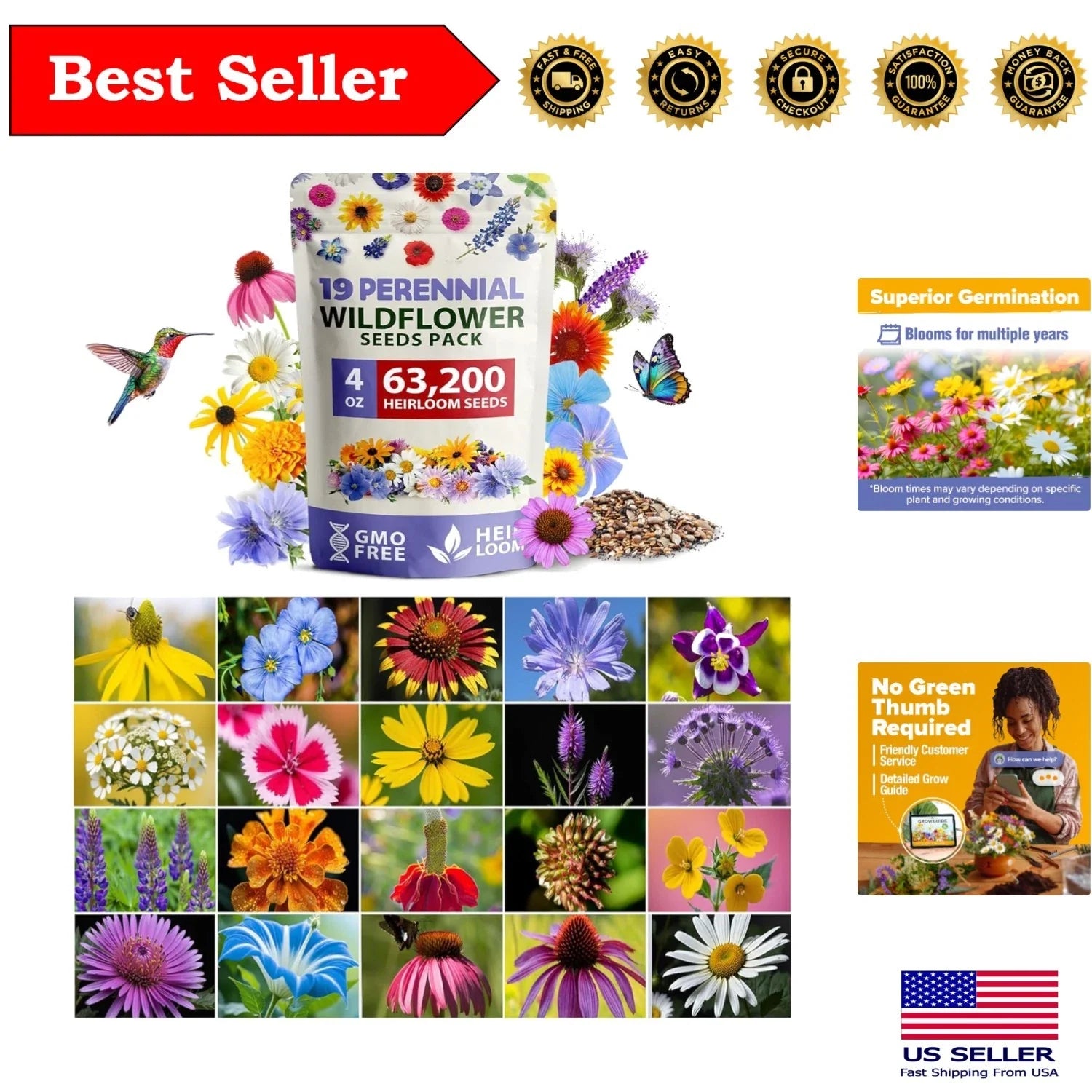 Wildflower Seeds 4oz Non-GMO Perennial Mix for Pollinators - 19 Varieties, Attract Bees & Butterflies, Eco-Friendly