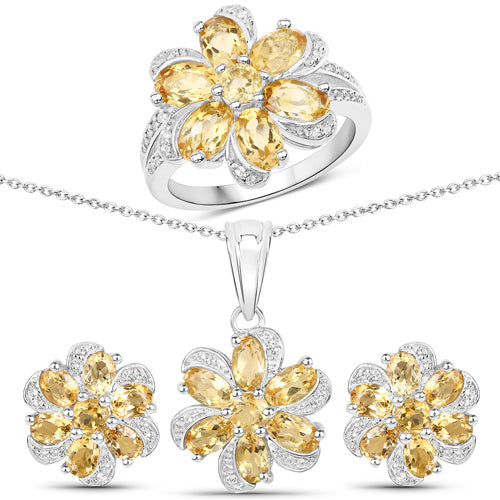 7.92 Carat Genuine Citrine and White Topaz .925 Sterling Silver 3 Piece Jewelry Set (Ring, Earrings, and Pendant w/ Chain)