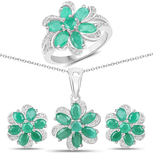 7.84 Carat Genuine Emerald and White Topaz .925 Sterling Silver 3 Piece Jewelry Set (Ring, Earrings, and Pendant w/ Chain)