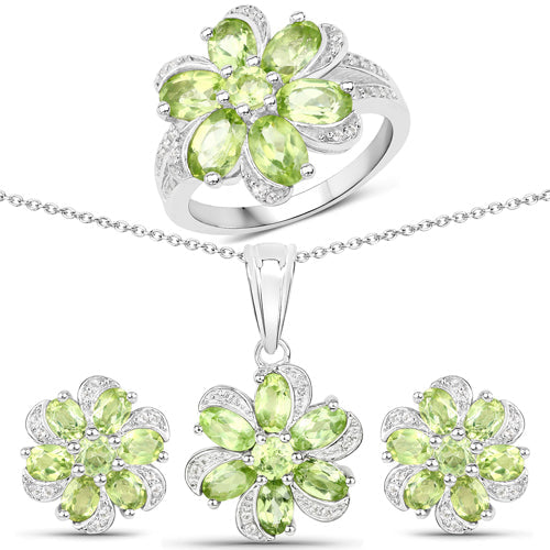 8.04 Carat Genuine Peridot and White Topaz .925 Sterling Silver 3 Piece Jewelry Set (Ring, Earrings, and Pendant w/ Chain)