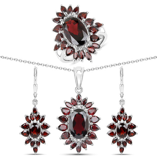 20.24 Carat Genuine Garnet .925 Sterling Silver 3 Piece Jewelry Set (Ring, Earrings, and Pendant w/ Chain)